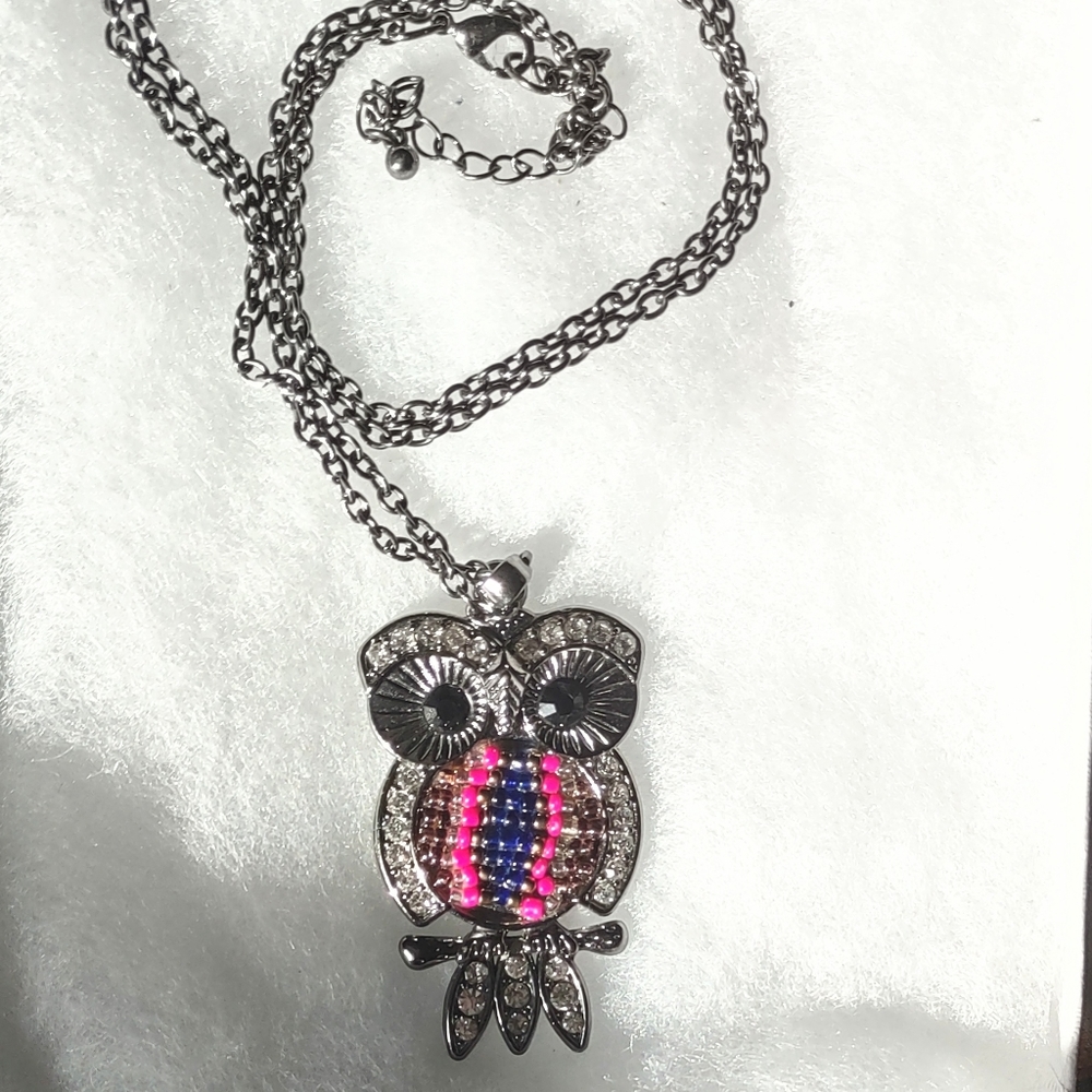 Owl Pendant with Seed Beads & Rhinestones